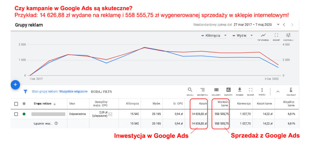 Ekran wyników kampanii Google Ads